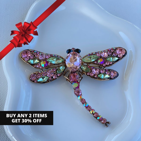 Crystal Dragonfly Brooch, Rhinestone Dragonfly Brooch, Pink and Green Brooch, AKA Brooch, Gift for her, Gift for Girlfriend, Gift for Soror