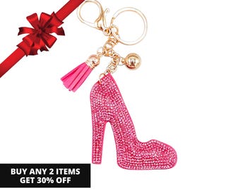 Schlüsselanhänger mit Stilettoabsatz, Glitzernder High-Heel-Schlüsselanhänger, Statement-Schlüsselanhänger in Pink, Schlüsselanhänger mit Schuhquaste, Geschenk für sie