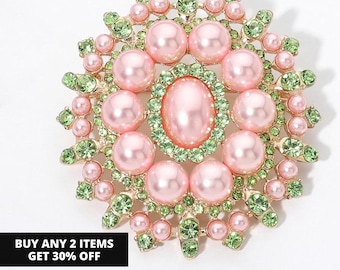 Ornate Pearl Crystal Embellished Pin Brooch, Pink and Green AKA Brooch, Gift for Soror Girlfriend