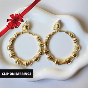 Clip On Earrings Hoop Gold Bamboo Clip On Earrings Statement Large Earrings Gift for her Wife Gift for her Lightweight Earrings