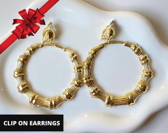 Clip On Earrings Hoop Gold Bamboo Clip On Earrings Statement Large Earrings Gift for her Wife Gift for her Lightweight Earrings