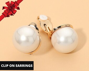 Bold Classic Pearl Clip On Earrings, Elegant Non Pierced Earrings