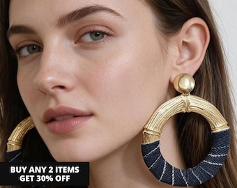 Oversized Denim Fabric Wrapped Gold Hoop Statement Earrings