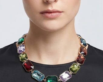 Multicolor Faceted Geometric Gem Link Elegant Statement Necklace
