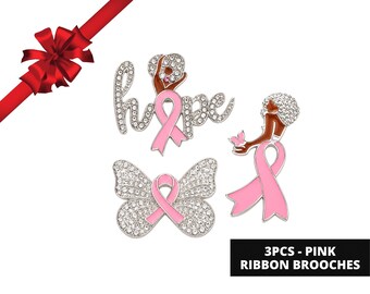 3PCS - Pink Ribbon Pointed Hope Message Afro Girl Butterfly Lapel Mini Pin Brooches, Gift for Breast Cancer Survivor