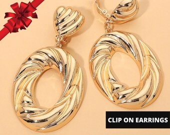Bold Sculptural Swirl Hop Drop Statement Gold Clip On Earrings, Elegant Non Pierced Earrings