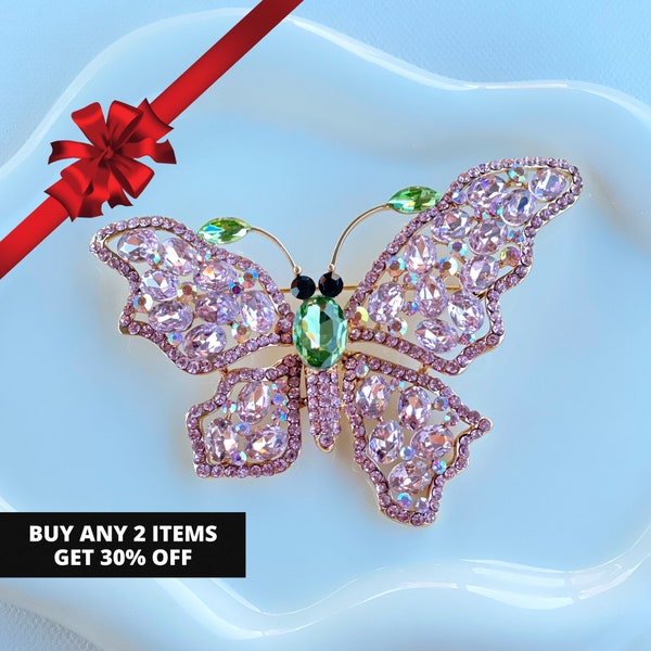 Rhinestone Butterfly Brooch, AKA Brooch, Gift for Soror, Pink and Green Brooch, Butterfly Pin, Gift for Sister, Gift for Mom, AKA Gift