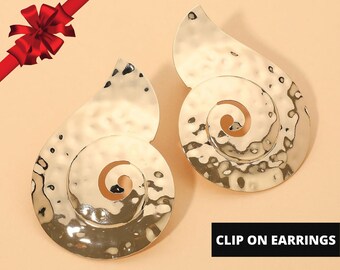 Hammered Metal Spiral Statement Clip On Earrings, Elegant Non Pierced Earrings