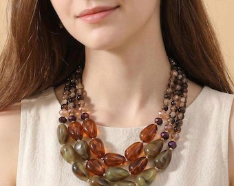 Fall Colors Necklace, Chunky Beaded Layered Statement Necklace