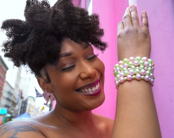 AKA Pearl Stretch Bracelet, 5 Pcs Bracelet, Pink and Green Pearl Statement Bracelet, Gift for Soror