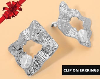 Pearl Accent Sculptural Open Center Silver Clip On Earrings, Elegant Non Pierced Earrings