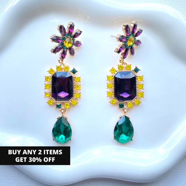 Mardi Gras Earrings, Mardi Gras Crystal Earrings, Statement Earrings, Carnival Celebration Earrings, Gift for her, Mardi Gras Gift