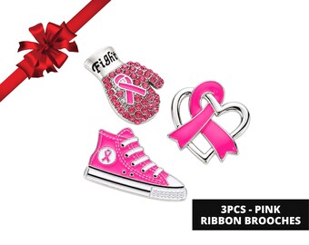 3PCS - Pink Ribbon Glove Sneakers Heart Pin Brooches, Gift for Breast Cancer Survivor