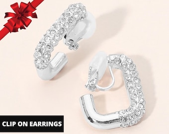 Rhinestone Pave Square Hoop Silver Clip On Earrings, Non Pierced Earrings for Women
