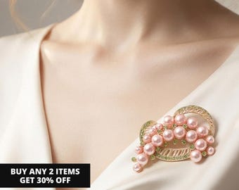 Pearl Cluster Crystal Swirl Pin Brooch, Pink and Green AKA Brooch, Gift for Soror Girlfriend