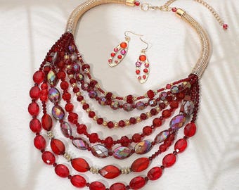 Bold Layered Multistrand Perlen Statement Halskette und Ohrringe, Geschenk für sie