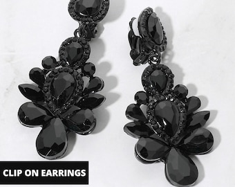 Black Teardrop Crystal Chandelier Evening Clip On Earrings for Women, Non Pierced Earrings for Women