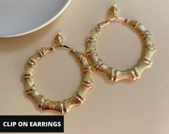 Clip On Earrings Hoop Gold Bamboo Clip On Earrings Big Oversize Clip On Earrings Statement Large Earrings Gift for her Wife