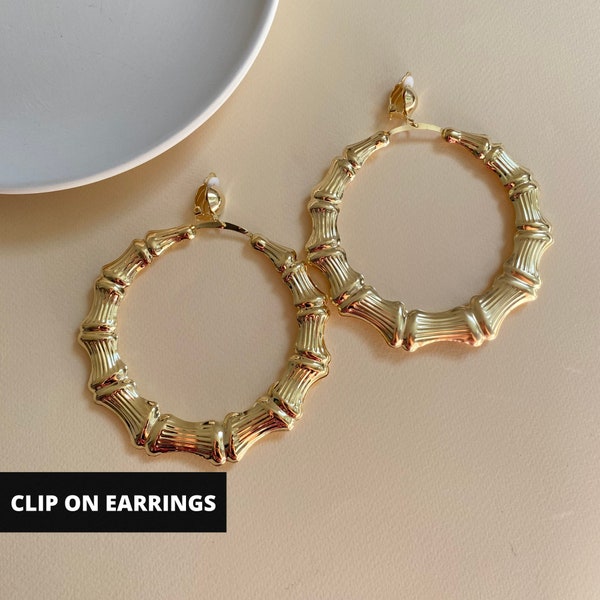 Clip On Earrings Hoop Gold Bamboo Clip On Earrings Big Oversize Clip On Earrings Statement Large Earrings Gift for her Wife
