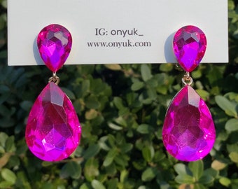Pink Crystal Drop Clip On Earrings, Statement Jewelry
