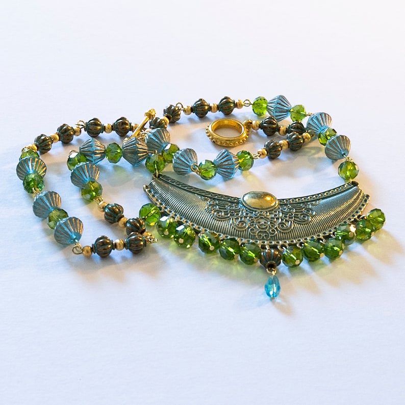 Antique Blue Verdigris Crescent Patina Pendant with Green and Aqua Faceted Crystal Beads Necklace