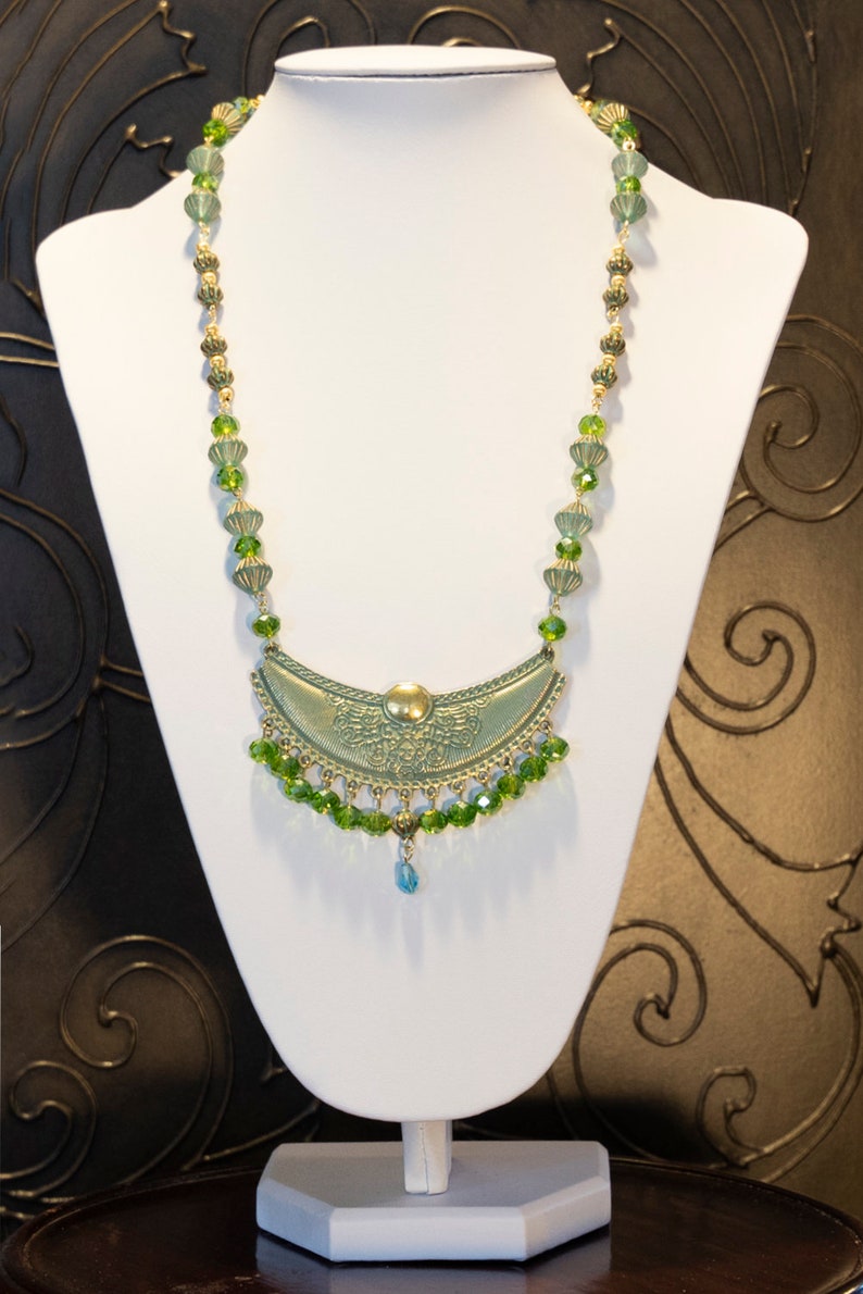 Antique Blue Verdigris Crescent Patina Pendant with Green and Aqua Faceted Crystal Beads Necklace