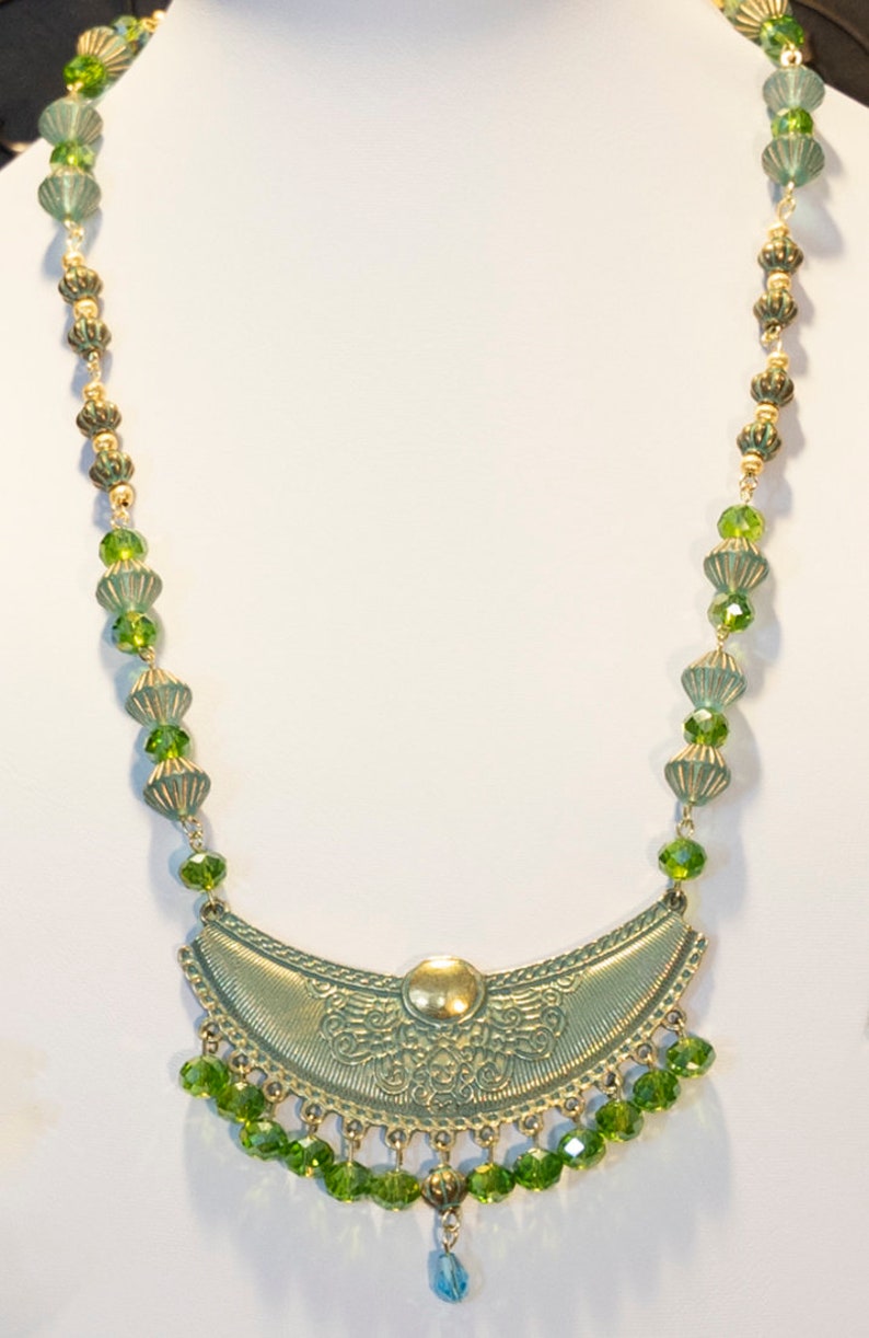 Antique Blue Verdigris Crescent Patina Pendant with Green and Aqua Faceted Crystal Beads Necklace