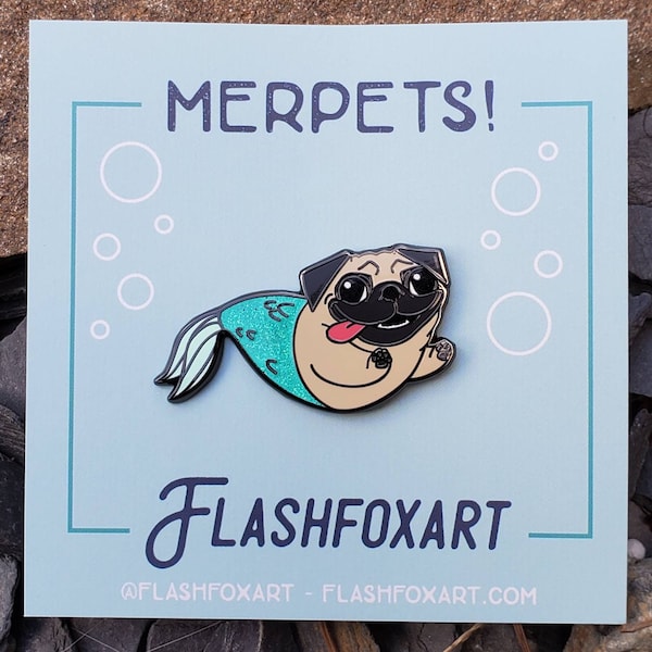MerPets! Emaliowana broszka z syrenką i mopsem