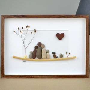 Pebble art family of 5 with pets, Pebble art family of five, Pebble art picture, Family gift, Pebble art dog and cat, Grandparents gift