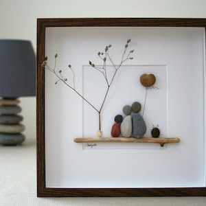 Pebble art family of three, Pebble art family of three with cat, Pebble art cat, Family with cat, Pebbel art family with pet,Pebble art gift