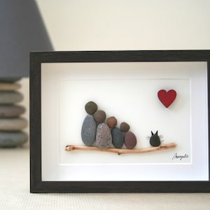 Pebble art family of 4 with cat, Pebble art picture, Pebble art family of 4, Pebble art family of 4 with pet, Family with pet, Family gift