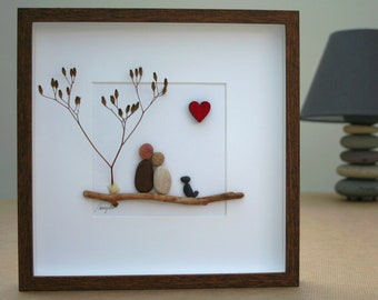 Pebble art couple with dog, Pebble art couple, Pebble art family of 2 with pet, Couple and dog, Pebbel art dog, Pebble art pet, unique gift