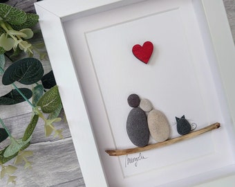 Pebble art couple with cat, Pebble art picture, Pebble art family of 2, Pebble art couple with pet, Family with pet, Couple gift, Wedding