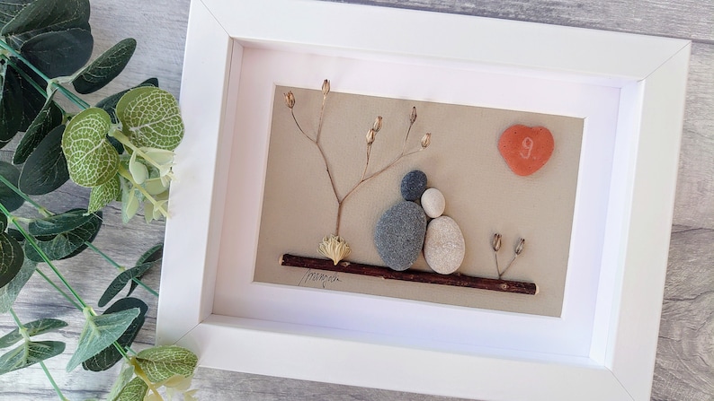 9th 9 Years Pottery Wedding Anniversary Pebble art picture 9 anniversary Married Couple Husband Wife Gift Family Frame Personalised gift image 1