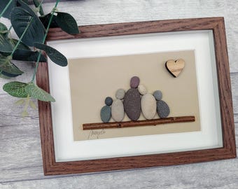 Original Pebble art family of 5, Pebble art picture, Pebble art family of five, Family gift, Pebbel art couple with children
