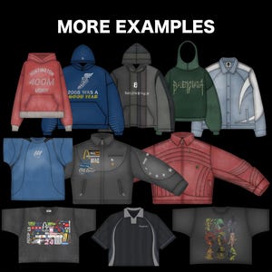 May include: A collection of various apparel items, including hoodies, jackets, and t-shirts. The hoodies are red, blue, gray, and green, with text and graphics. Jackets are gray and red. T-shirts are gray and black, with graphic designs.