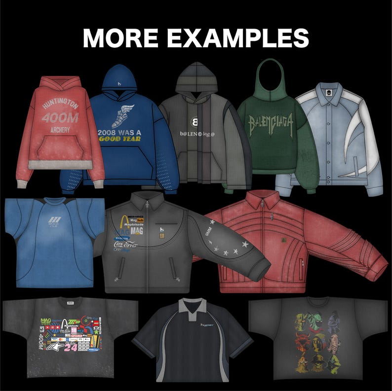 May include: A collection of various apparel items, including hoodies, jackets, and t-shirts. The hoodies are red, blue, gray, and green, with text and graphics. Jackets are gray and red. T-shirts are gray and black, with graphic designs.