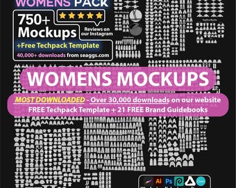 Puede incluir: Un gráfico con fondo negro y contornos blancos de más de 750 maquetas de ropa para mujeres. El texto "SEAGGS ULTIMATE WOMENS PACK" está en la parte superior del gráfico. El texto "750+ Mockups" está debajo del título. El texto "MOST DOWNLOADED - Over 30,000 downloads on our website" está en el medio del gráfico. El texto "FREE Techpack Template + 21 FREE Brand Guidebooks" está debajo de la información de descarga. El texto "WOMENS MOCKUPS" está en letras grandes en la parte superior del gráfico. El texto "Works in all design softwares" está en la parte inferior del gráfico. El texto "Mockup Design Tutorials: @Seaggs" está debajo del texto del software de diseño.