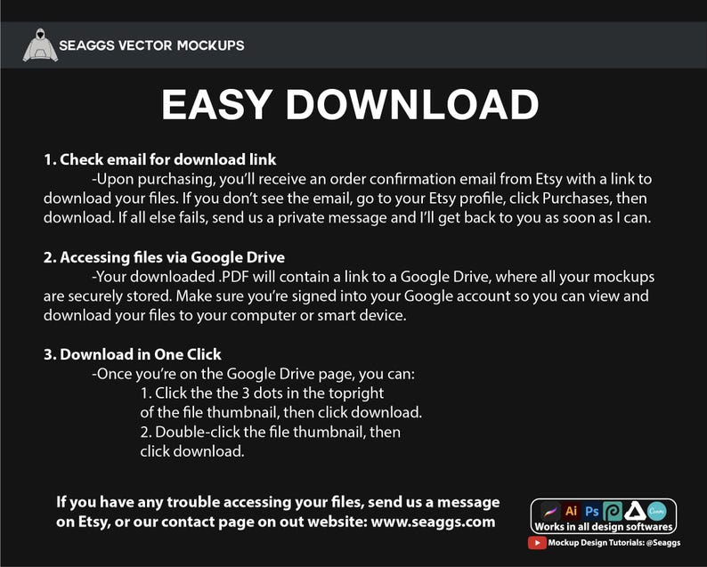 May include: A black informational graphic titled EASY DOWNLOAD by SEAGGS VECTOR MOCKUPS. It outlines three steps for accessing digital files via email, Google Drive, and direct download, including software compatibility icons and a website link.