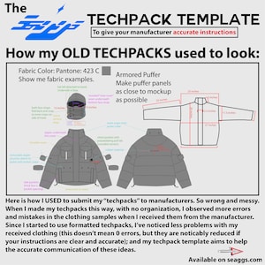 May include: A techpack template for a gray puffer jacket with measurements in inches. The template includes a front and back view of the jacket, as well as details on the pockets, zipper, and other features. The text "How my OLD TECHPACKS used to look" is at the top of the image.