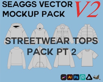 Puede incluir: Un conjunto de 7 maquetas vectoriales para tops de streetwear, que incluyen sudaderas con capucha, sudaderas, camisetas y una chaqueta acolchada. Las maquetas son en blanco y negro y son perfectas para mostrar tus diseños.