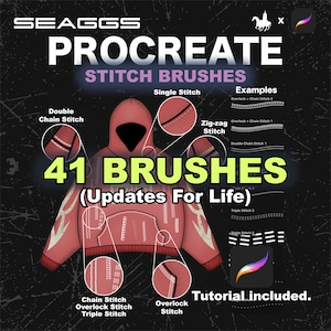 May include: A digital art graphic promoting Procreate stitch brushes. The image features a red hoodie illustration with stitch examples and the text "41 BRUSHES (Updates For Life)". Additional text includes "Tutorial included" and brush type names.