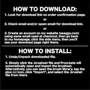 May include: Black and white graphic with instructions on how to download and install a digital file. The text includes steps for finding the download link, checking email, and creating an account. Installation instructions are also provided.