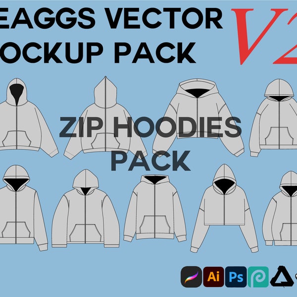 Streetwear Zip Hoodies Clothing Vector Mockup Pack Bundle Clothing Brand Fashion Design Tool for Adobe Illustrator Adobe Photoshop Procreate