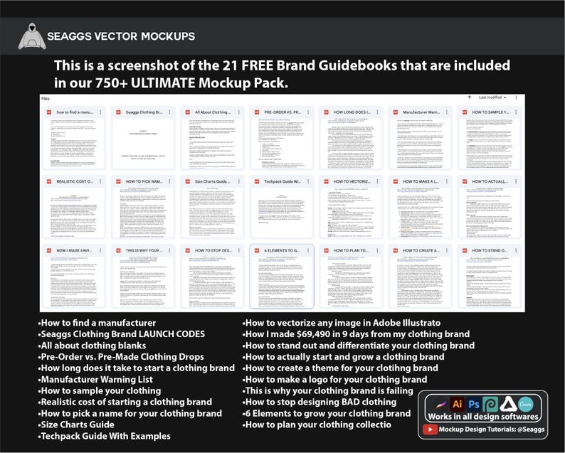 May include: A digital screenshot displaying 21 brand guidebooks from the Seaggs Vector Mockups 750+ Ultimate Mockup Pack. The list includes titles such as How to find a manufacturer, How to vectorize any image, and How I made $69,490 in 9 days.