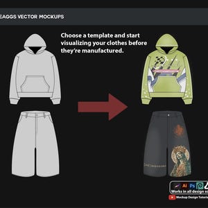 May include: A digital design template featuring a grey hoodie and shorts on the left, and a light green graphic hoodie and dark grey shorts with religious imagery on the right. Text reads: SEAGGS VECTOR MOCKUPS, Choose a template and start visualizing your clothes before they're manufactured.