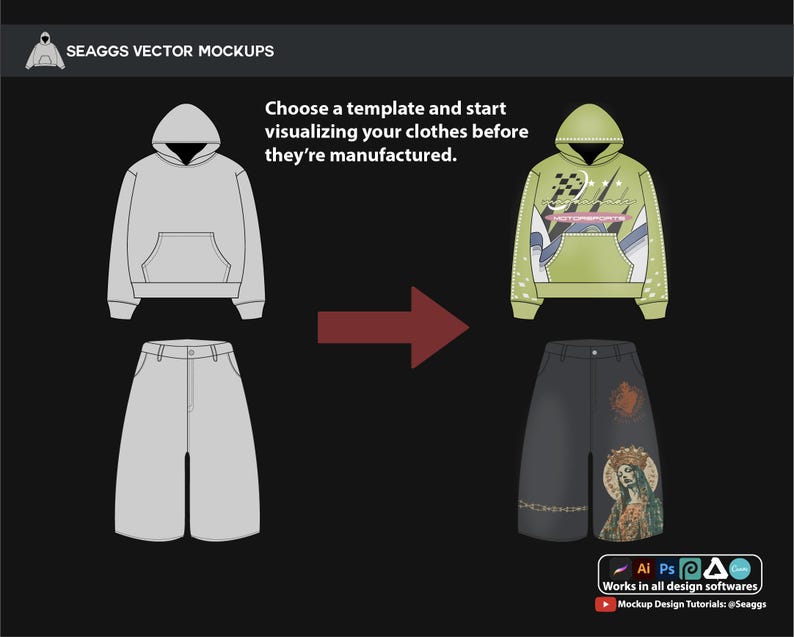May include: A digital design template featuring a grey hoodie and shorts on the left, and a light green graphic hoodie and dark grey shorts with religious imagery on the right. Text reads: SEAGGS VECTOR MOCKUPS, Choose a template and start visualizing your clothes before they're manufactured.
