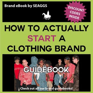 Puede incluir: Un grupo de personas con ropa con un patrón de Louis Vuitton se paran juntas frente a un fondo verde. El texto "HOW TO ACTUALLY START A CLOTHING BRAND GUIDEBOOK" está escrito en letras grandes en el fondo. El texto "Check out all our brand guidebooks!" está escrito en letras más pequeñas en la parte inferior de la imagen.