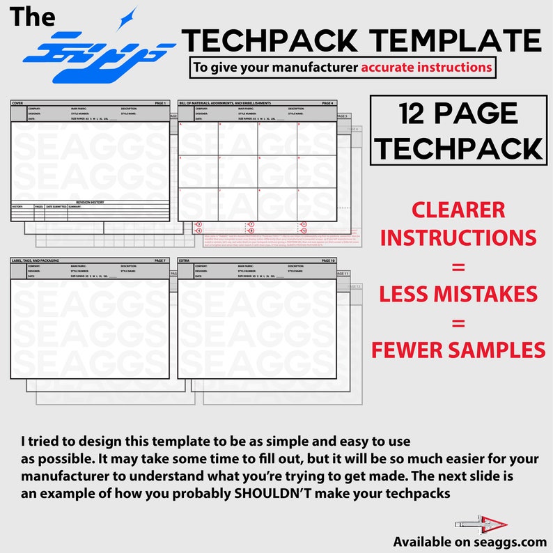 May include: A black and white tech pack template with the text "TECHPACK TEMPLATE" and "12 PAGE TECHPACK". The template is designed to help manufacturers understand product specifications.