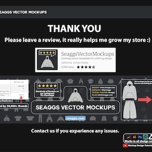 May include: Black graphic with the text "THANK YOU" and "Please leave a review, it really helps me grow my store :)". The image also includes the text "Seaggs Vector Mockups" and a screenshot of a Shopify store.